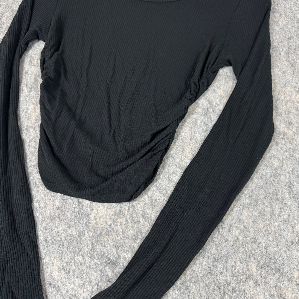 Alo Gather Long Sleeve Top Black Ribbed Sz S XS? Ruched Cropped - Picture 2 of 6